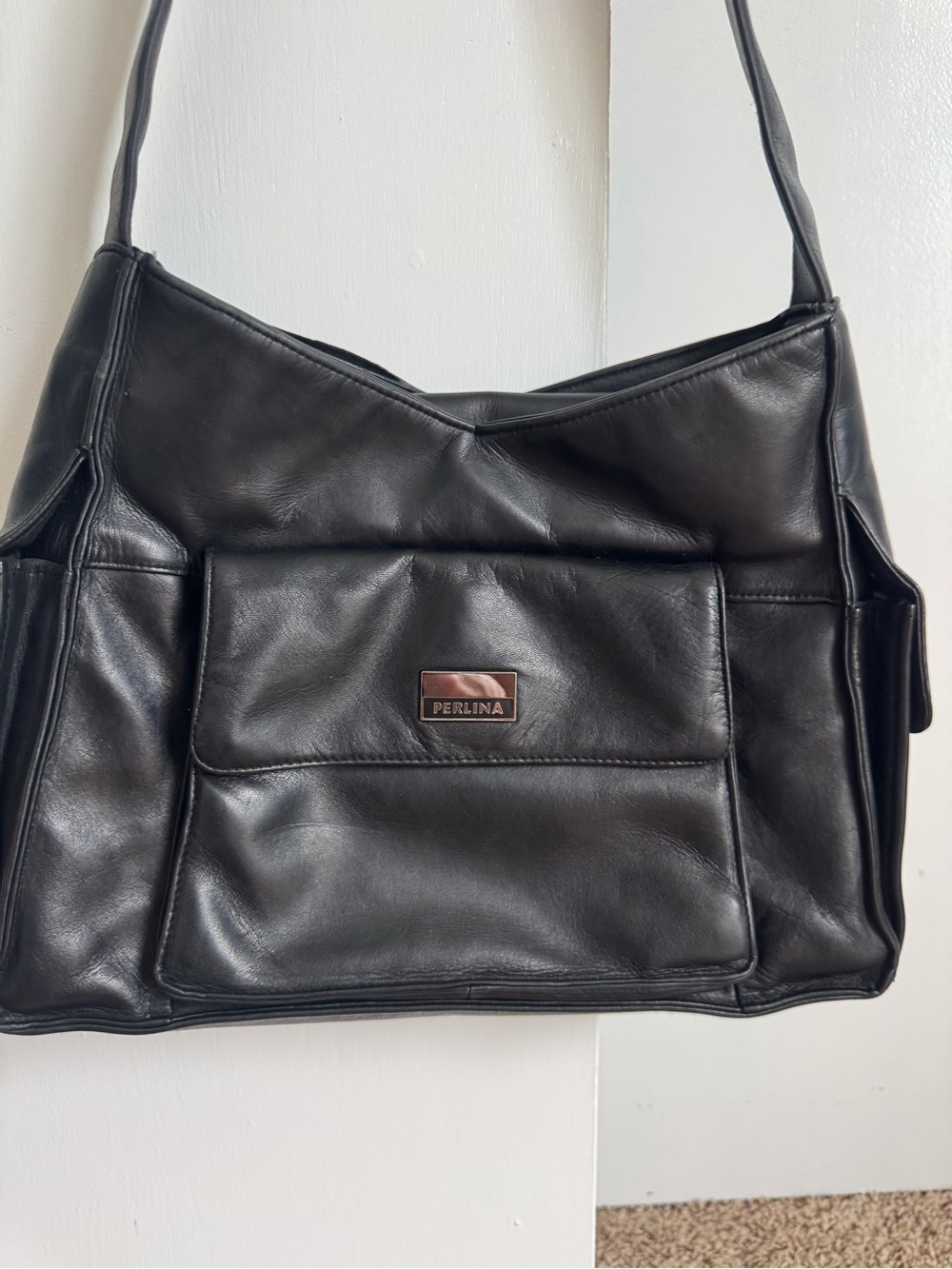 Perlina Black Leather Hobo Shoulder Bag with Front Pocket